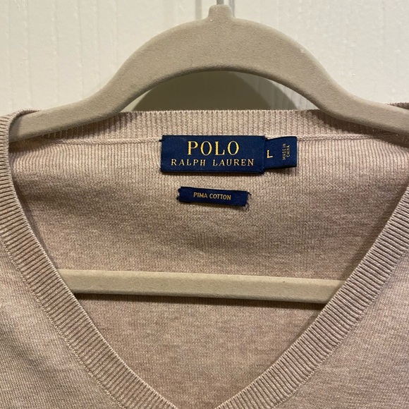 Polo by Ralph Lauren Mens Tan V-Neck Logo Sweater Timeless Knit Size Large - Picture 3 of 4